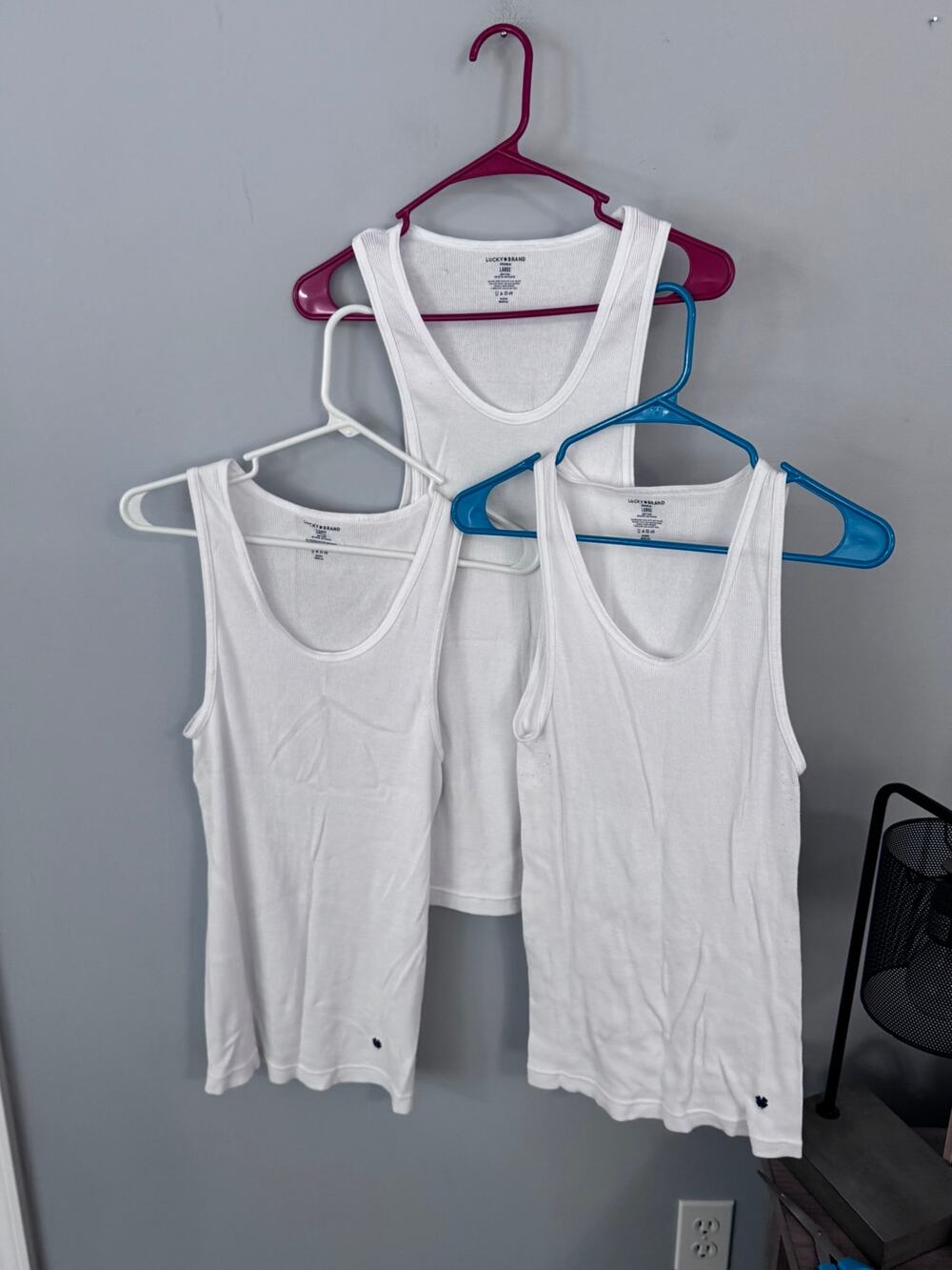 LOT of 3 Lucky Brand White Tagless Cotton Ribbed A Tanks Undershirts Size Large